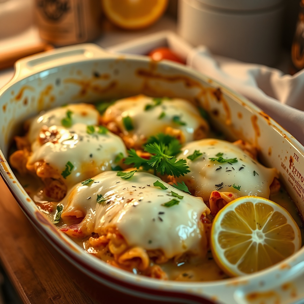 Lemon Herb Chicken Casserole served in a baking dish, topped with cheese and parsley, with lemon slices on the side.